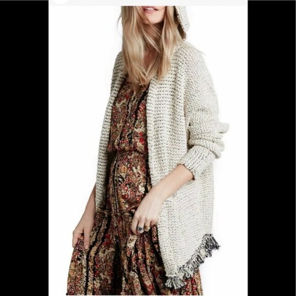 Free People Love Me Tender Hood Fringe Oversized Boho Cardigan Sweater Open Knit - Picture 16 of 16